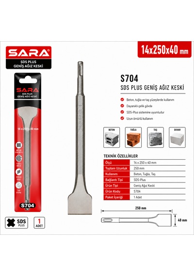 Sara S704 Sds Plus Geniş Ağız Keski 14 X 250 X 40 Mm