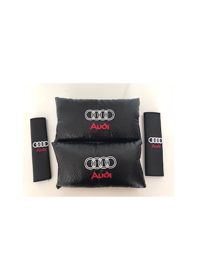 Audi Nakışlı Deri 1 Çift Boyun Yastık Ve 1 Çift Kemer Pedi Siyah
