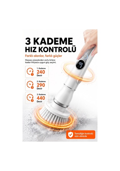 Kablosuz Şarjlı Temizlik Fırçası 8 Başlıklı 3 Kademe Hız Ayarlı Teleskopik Çok Amaçlı Ev Cihazı