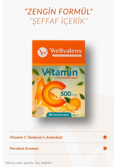 Vitamin C 500 Mg Çiğnenebilir Tablet Şekersiz 24 Tablet, Portakal Aromalı