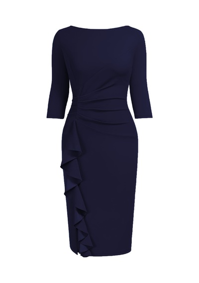 Kadın Büyük Beden Lacivert Bodycon Fırfırlı Yırtmaçlı Büyük Beden Elbise Lacivert