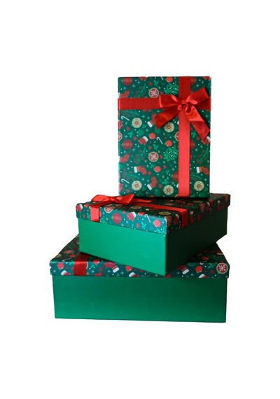 Kolix 3'lü Yılbaşı Temalı Dekoratif Fiyonklu Hediye Kutusu Yeşil 35x25x13 Cm Büyük Boy