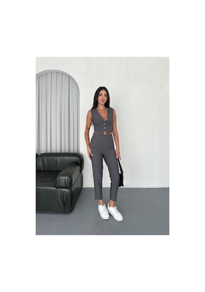 Wellway Dabıl Kumaş Düğme Detaylı Yelek & Pantolon İkili Takım-gri-1059 Gri