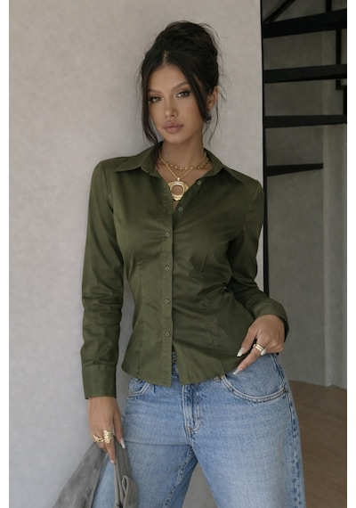 Kadın Premium Gömlek Slim Fit Uzun Kollu Şık Ofis Günlük Kombin Basic Klasik Gömlek Haki
