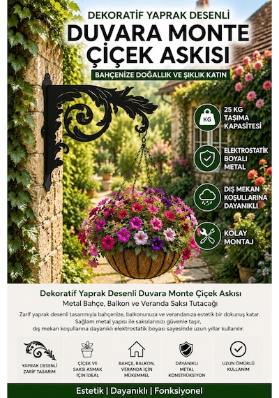 Dekoratif Nakış Desenli Metal Duvara Monte Çiçek Askısı Bahçe, Balkon Ve Veranda Saksı Askılığı Elektrostatik Boyalı Dayanıklı Metal Askı Aparatı Siyah Nakışlı