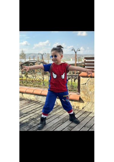 Erkek Çocuk Spiderman Baskılı Kapşonlu Çantalı Üçlü Takım Mavi