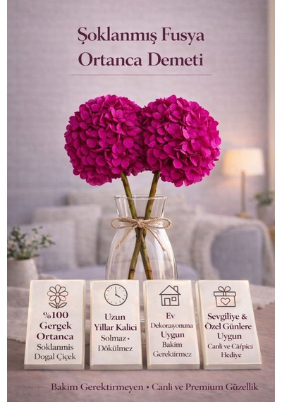 Şoklanmış Fuşya Ortanca Demeti Uzun Ömürlü, Bakım Gerektirmeyen Dekoratif Hediye