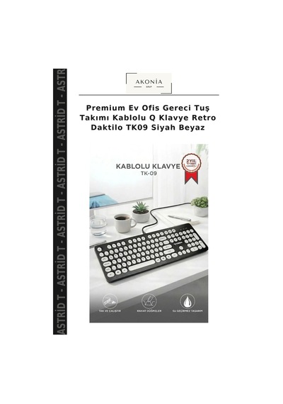 Premium Ev Ofis Gereci Tuş Takımı Kablolu Q Klavye Retro Daktilo Tk09 Siyah Beyaz