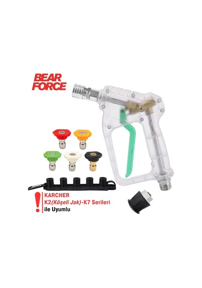 Robeve Bear Force Şeffaf Basınçlı Yıkama Tabancası 5'li Nozzle Set Ve Kemer Klipsi Ile Birlikte Araç Yıkama Tabancası Profesyonel Şeffaf Tasarım Oto Yıkama Tabancası Karcher K Serisi Uyumlu