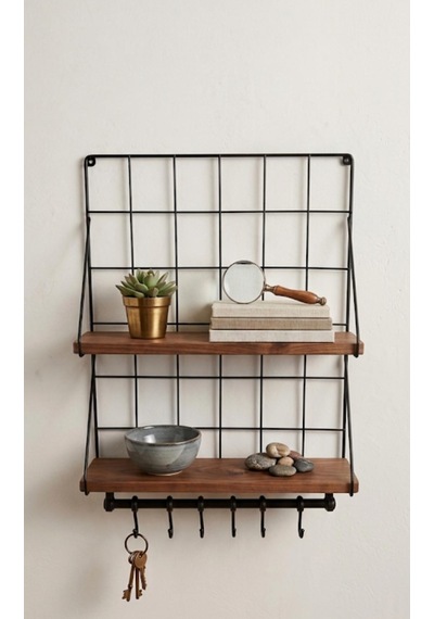 Çift Ahşap Raflı Metal Duvar Rafı 6 Kancalı Mutfak & Banyo Organizer 60 40 Cm Kahverengi