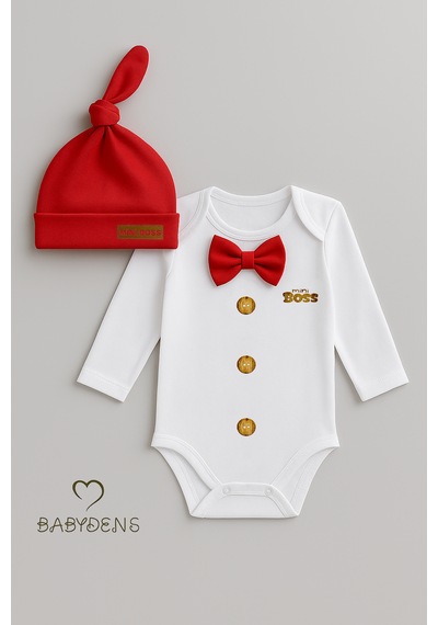 Babyden's Mini Boss Papyonlu Erkek Bebek Zıbın Seti Şapkalı Yenidoğan Bebek Body Takım Kırmızı