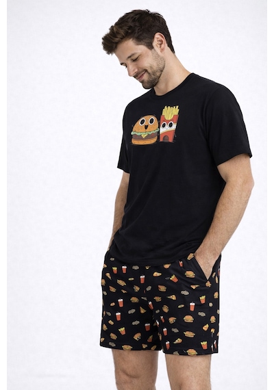 Erkek Pamuklu Baskılı Cepli Şortlu Pijama Takımı Ke77631 Siyah - Kırmızı