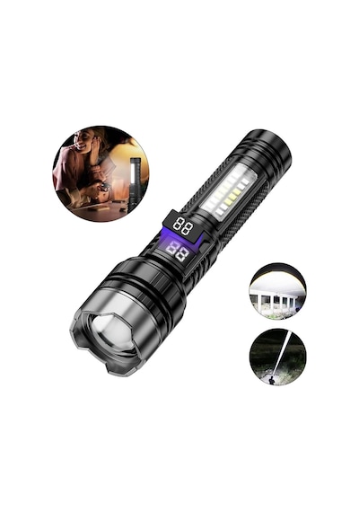 Tr Yh20 Dijital Ekranlı Şarj Edilebilir El Feneri Teleskopik Zoomlu Yüksek Yoğunluklu Led Projektör, 1200mah Bata