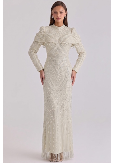 Olcay İnci Ve Pul Desenli Exclusive Tesettür Abiye Elbise Krem 1090