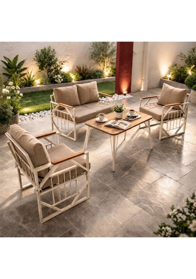 Violet Krem 2+1+1 Masalı Bahçe Oturma Grubu Minderli Metal Ahşap Detaylı Balkon Teras Takımı Cappuccino Violet Krem 2+1+1 Masalı Bahçe Oturma Grubu Minderli Metal Ahşap Detaylı Balkon Teras Takımı Cappuccino