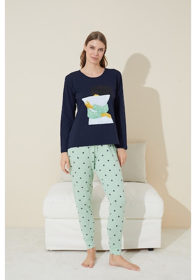 Siyah İnci Pamuklu Örme Pijama Takım 24240130 Lacivert