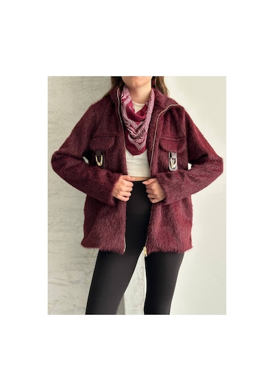 Asur Boutique Asur Butik Kadın Keçeli Kumaş Tokalı Fermuarlı Ceket Bordo