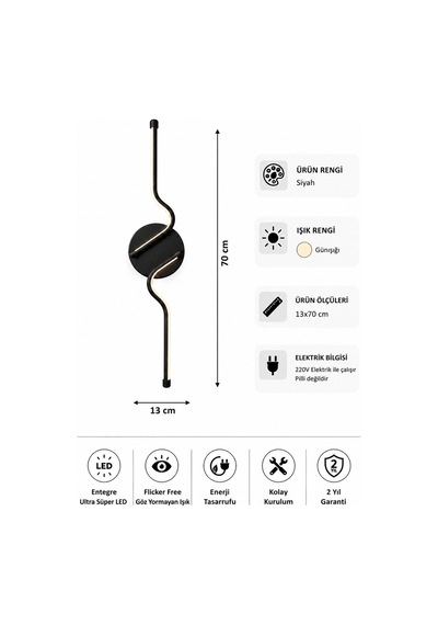 AvizeGO Kuno Modern Led Duvar Apliği Günışığı Siyah