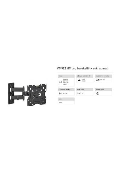 Vontech Vt 322 Hc Pro Tv Askı Aparatı 22-42 Inç Çift Kollu Haraketli Duvar Tipi