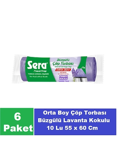 Sera Çöp Torbası Büzgülü Lavanta Kokulu Orta Boy 10 Lu 55 x 60 Cm x 6 Paket
