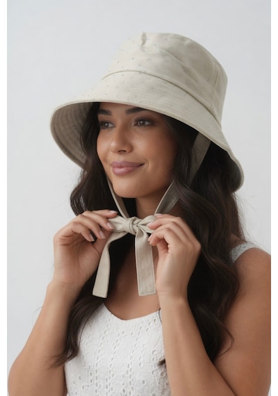 Mollycrush Kadın Bej Pırlanta Taşlı Bucket Şapka Işıltılı Bağlama Detaylı Gabardin Işıltılı Balıkçı Modeli Bej-krem