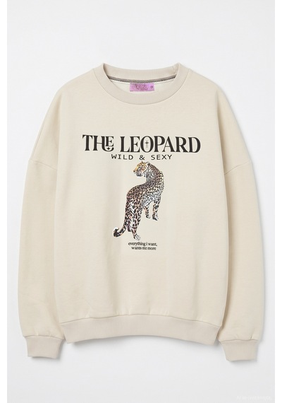 Quzu Yazı Ve Leopar Baskılı Oversize Sweatshirt Bej