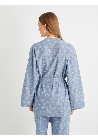 Koton Kimono Beli Kuşaklı Çiçek İşlemeli Fistolu Mavi 4sak50053pw Mavi