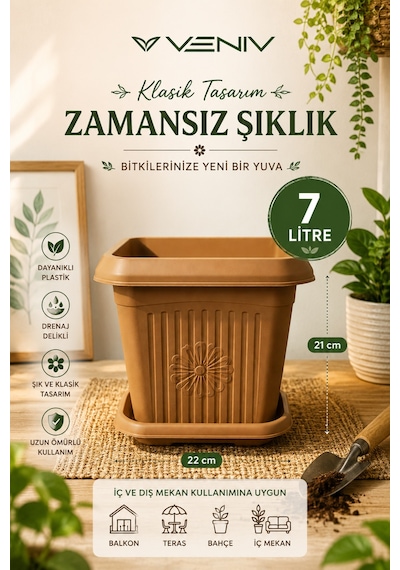 Dekoratif Antik Kare Alt Tabaklı Saksı 7 Litre 1 Adet