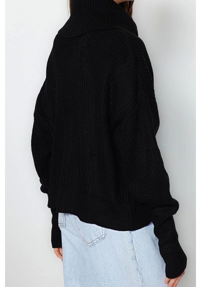 Ersefa Kadın Modern Tarz Oversize Devrik Yaka Regular Triko Hırka Siyah