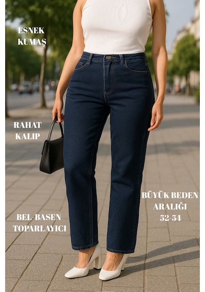 Cedy Denim Cedy Denım - Kadın Büyük Benden Boru Paça Yüksek Bel Regular Fit Likralı Pantolon C626 Lacivert