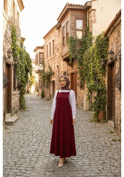 Unika Boutique Tesettür Askılı Jile Elbise Dokuma Bordo