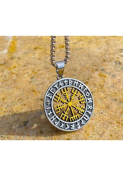 Viking Nordik Vegvisir İşlemeli Runik Sembollü 316l Paslanmaz Çel Çok Renkli