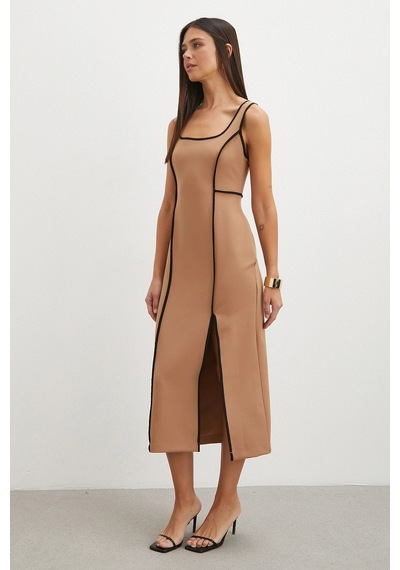 Şeritli Yırtmaç Detaylı Slip Dress Tarçın
