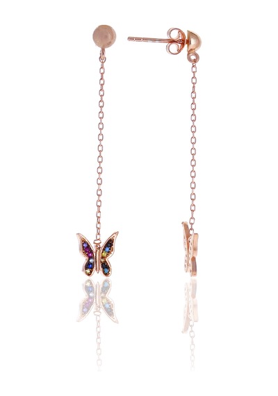 Karışık Renkli Kelebek Model Zirkon Taşlı Rose Kaplama Gümüş Kadın Küpe 201025008 Gümüş