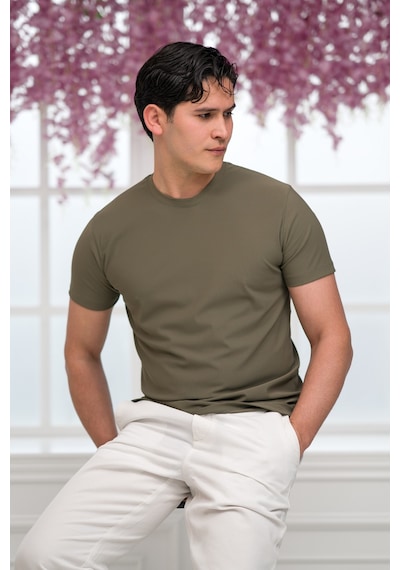 Paul Martin Slimfit Lyocell Kumaş Likralı Küçük Armürlü Bisiklet Yaka T-shirt Haki