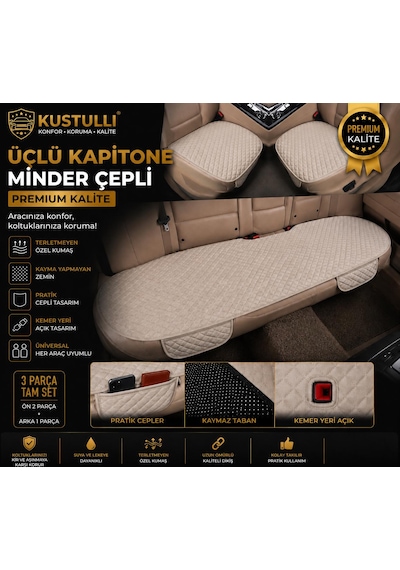 3'lü Kapitone Terletmeyen Oto Koltuk Minder Cepli Model Krem 1