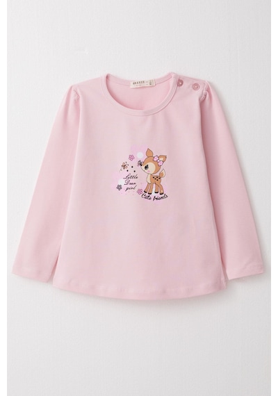 Breeze Kız Bebek Uzun Kollu Tişört Sevimli Ceylancık Baskılı 9 Ay-3 Yaş, Pembe-pembe Pembe