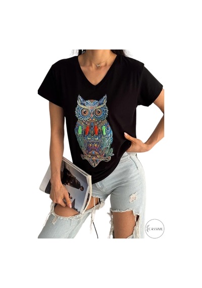 Cassime Kadın Siyah Baykuş Desenli Pul Payet İşlemeli Büyük Beden %100 Pamuk Tişört Xl-2xl-3xl Cassime Kadın Siyah Baykuş Desenli Pul Payet İşlemeli Büyük Beden %100 Pamuk Tişört Xl-2xl-3xl