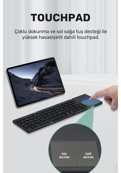 Plentiful Katlanabilir Bluetooth Type-c Klavye Türkçe Q Android / Apple Uyumlu iOS Siyah