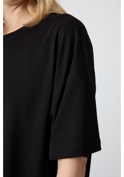 Tommy Life Siyah Penye Modal Yumuşak Tuşeli Oversize Fit Basic Kadın T-shirt- 97285 Siyah
