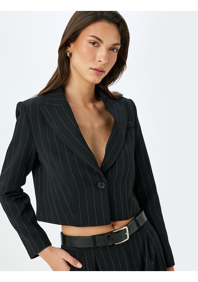 Koton Kruvaze Çizgili Crop Blazer Ceket Siyah Çizgili 5sak50103uw Siyah Çizgili Siyah