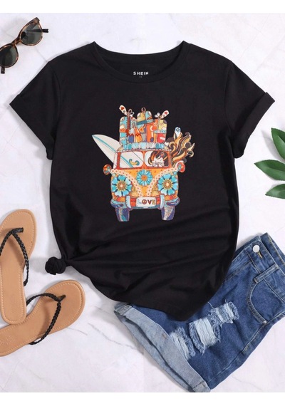 Kadin Siyah Oversize Woswos Baskılı T-shirt Siyah
