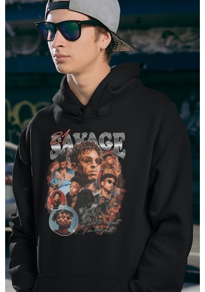 Sevbano 21 Savage Rapper Baskılı Unisex Oversize Hoodie Siyah