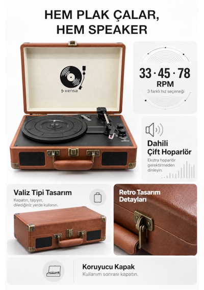 Kensa Bluetooth Lu Nostaljik Çantalı Pikap 33/45/78 Devir Dahili Bataryalı Plak Çalar Ahşap Kahverengi