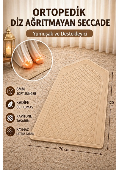 Ekstra Yumuşak Süngerli Diz Ağrıtmayan Ortopedik Kapitone Seccade Özel Kaydırmaz Taban 70x120 Ebat Bej