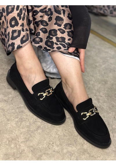 Günlük Kadın Loafer Makosen Klasik Alçak Topuklu Desenli Taban Zincirli Oval Burunlu Ayakkabı 150 Siyah - Süet