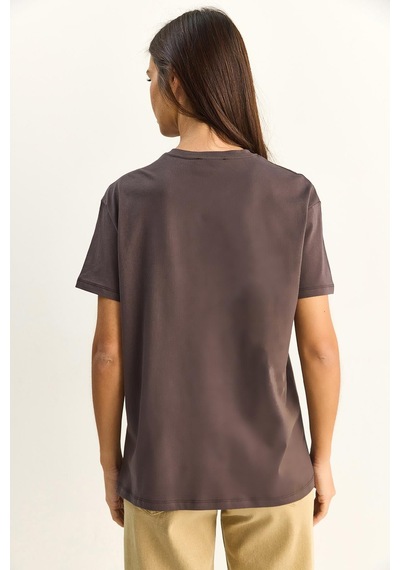 Shade Kadın Baskı Ve Payet Detaylı Fiyonklu Basic T-shirt 7643 60286115 - Kahverengi