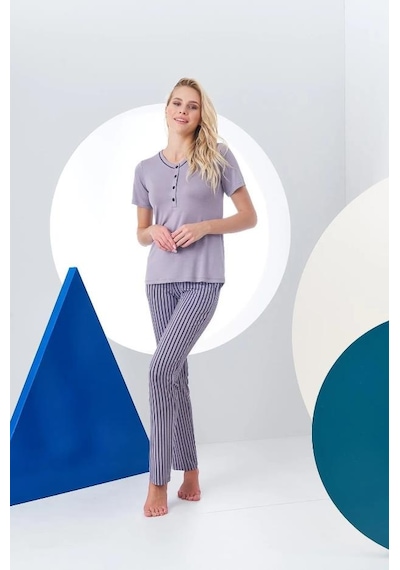 Pjs 24157 Kadın Çizgili Patlı Kısa Kol Pijama Takım 001