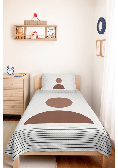 Minimal Boho Geometrik Bej Genç Odası Tek Kişilik Pike Takımı - Vizon 160x220 Cm Yatak Örtüsü Kremamsı Vadi Çizgisi
