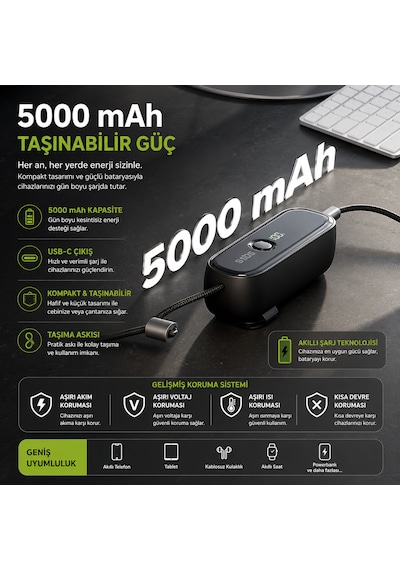 Sbs Hybrid 5000 Mah Powerbank Dahili Eu Fişli Şarj Cihazı Usb-c Pd 20w Dahili Usb-c Kablo Lcd Ekran 3'ü 1 Arada